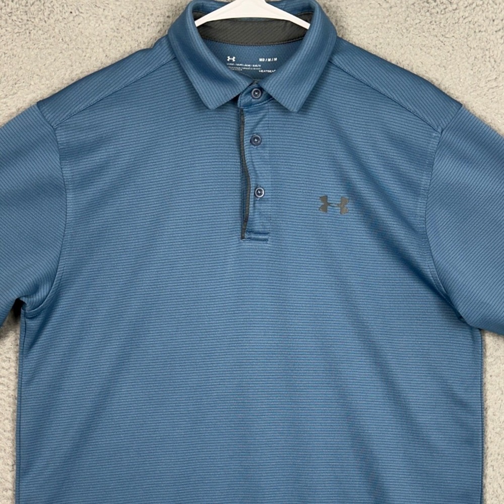 Under Armour Polo Shirt Mens Medium HeatGear Loose Blue Micro-Stripe Golf Rugby